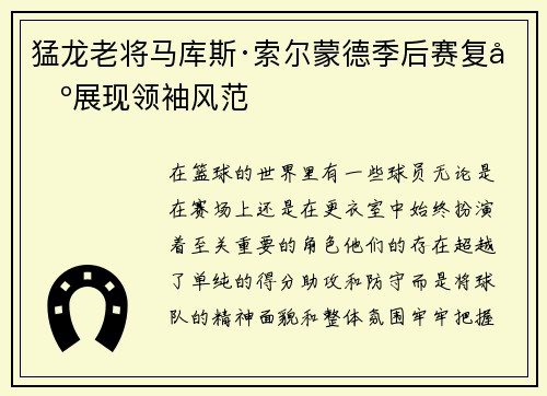 猛龙老将马库斯·索尔蒙德季后赛复出展现领袖风范