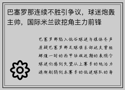 巴塞罗那连续不胜引争议，球迷炮轰主帅，国际米兰欲挖角主力前锋