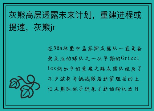 灰熊高层透露未来计划，重建进程或提速，灰熊jr
