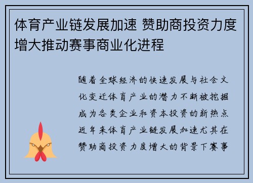 体育产业链发展加速 赞助商投资力度增大推动赛事商业化进程